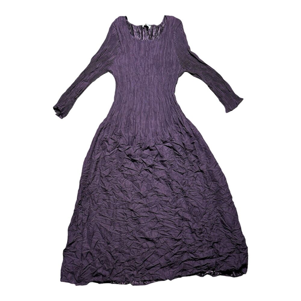 NWT Alquema Hand Made Pleated Crinkle Pocket Dress Purple Women 0 Midi 3/4 Sleev